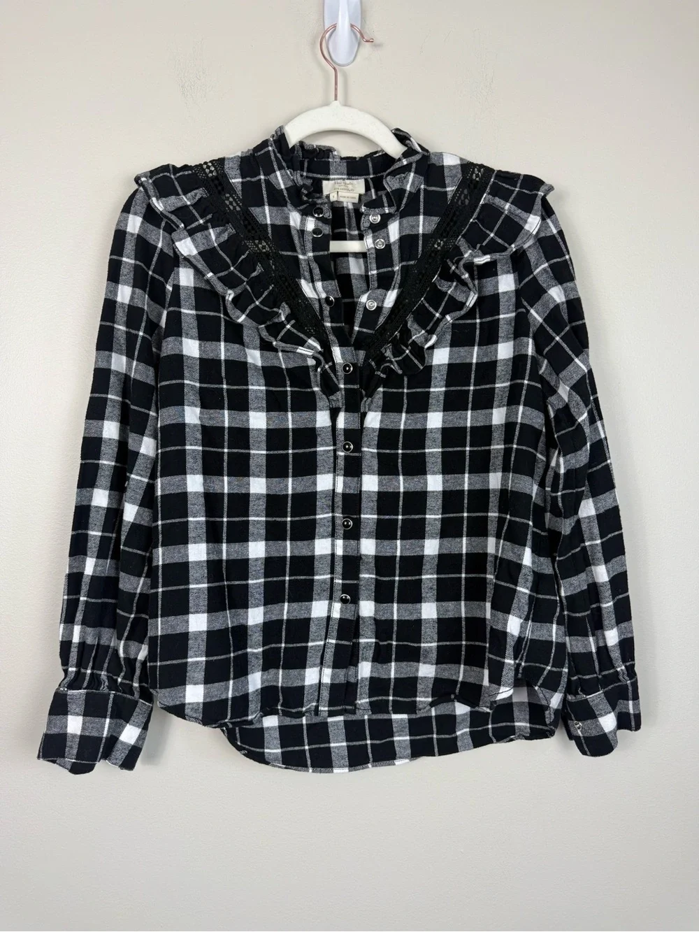 Kate Spade Top Small Black White Plaid Ruffle Button-Up Top Preppy Office Work